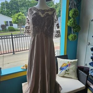 Embellished Taupe Long Sleeve Evening Gown